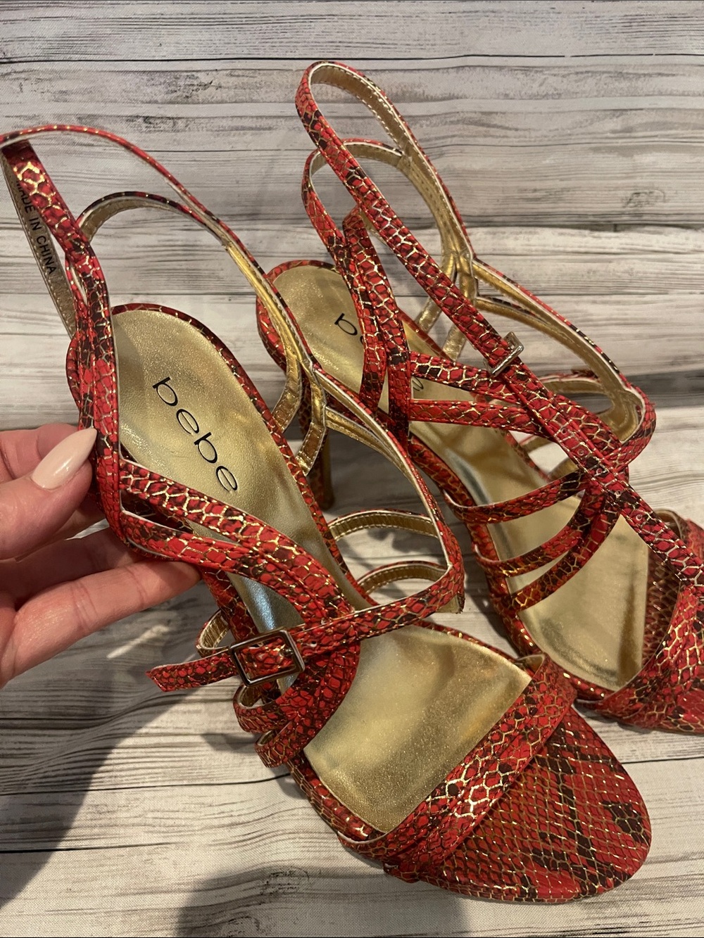 bebe Red Snake-Print Strappy Slingback Heels
